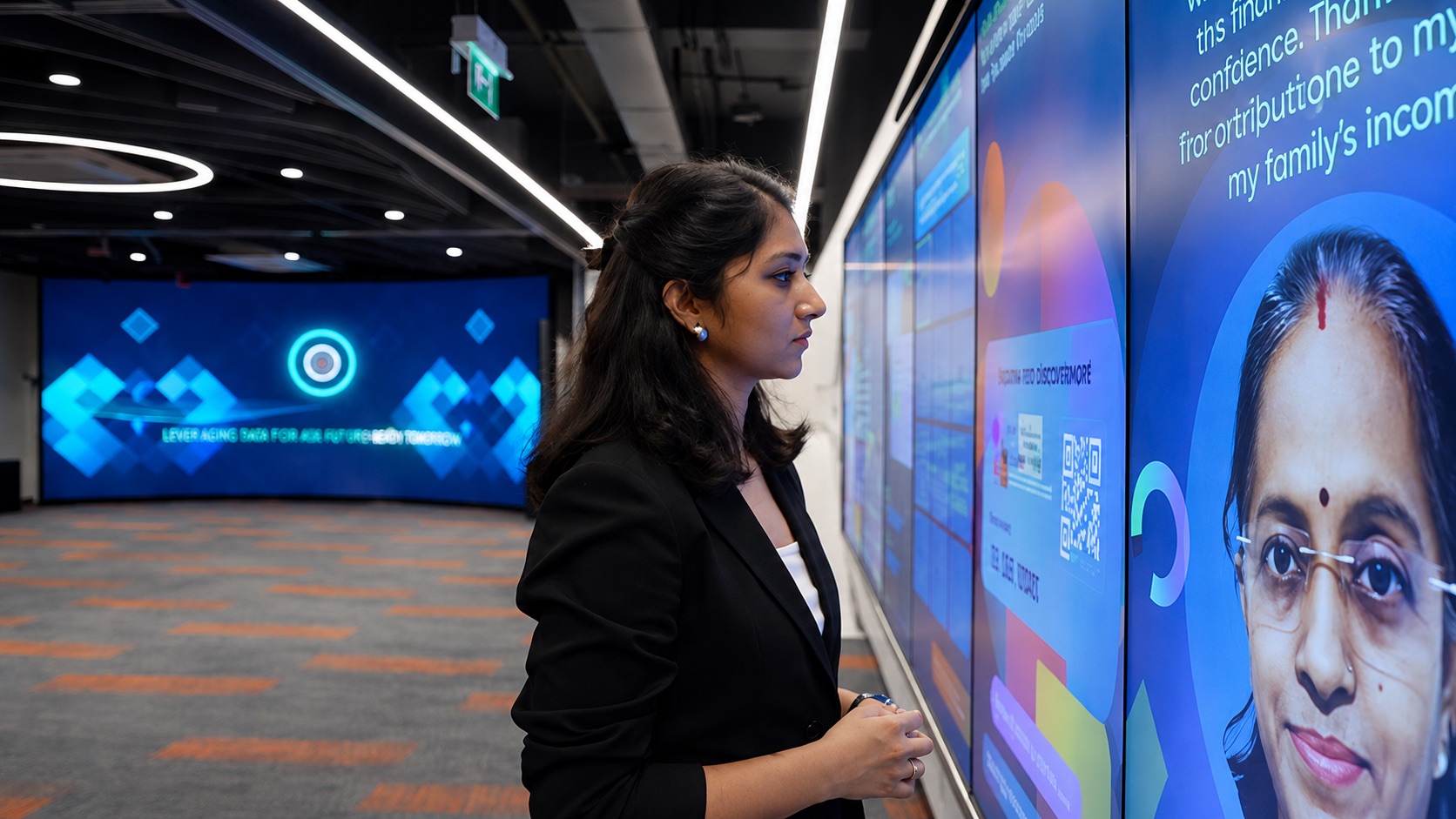 Visitor interacting with digital infrastructure exhibit
